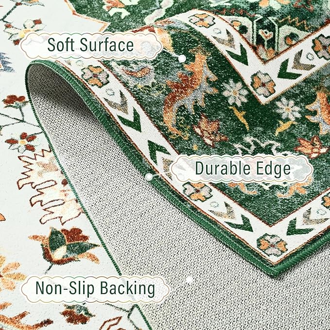 Amearea Vintage Design Area Rugs for Living Room, 5x8 Machine Washable Floral Collection Traditional Bedroom Rug, Low Pile Cute Kids Room Print Carpet, No Slip Office Kitchen Home Decor, Green