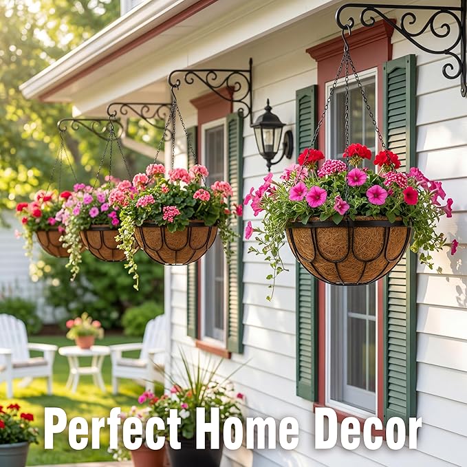 4 Pack 12 Inch Hanging Planters for Outdoor Plants, Black Metal Wire Hanging Flower Baskets with Coco Coir Liner, Large Hanging Plant Pots for Garden, Patio, Balcony, Indoor Home Decor