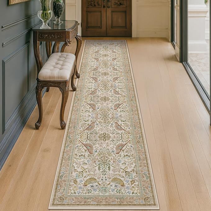 Beige 10 ft Long Vintage Runner Rugs for Hallways - 2x10 Kitchen Runners Non Slip Washable, Low Pile Entryway Rug, with Flowers and Leaves Décor