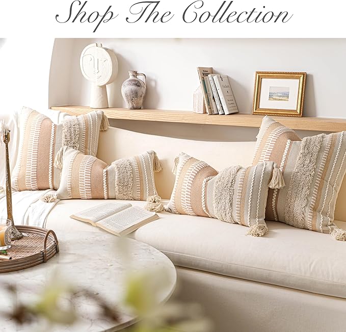 BlissBlush Decorative Lumbar Pillow Cover 14x36 for Bed, Neutral Cream Boho Long Accent Pillow with Tassels, Beige Rectangular Cushion for Couch Sofa Bench Bedroom (Cover Only)