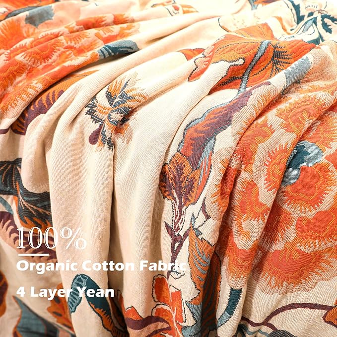 Boho Large Throw Blanket, 100% Organic Cotton Breathable Soft Bed Throw - Floral Bird Farmhouse Decor Blanket for Sofa Couch Chair Quilt and Gift. 91" x 98"- Beige