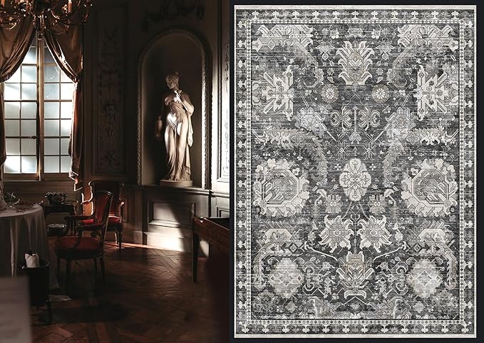 RUGSURE Washable Area Rugs - Perfect for Living Room, Bedroom, Kids Room, Nursery - Stain & Water Resistant Non-Slip, Pet & Child Friendly, Vintage Tribal Area Rugs (Grey, 3' x 5 ')