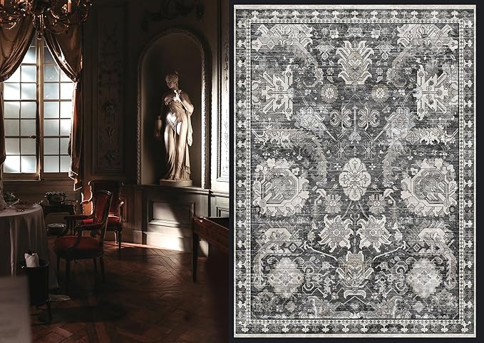 RUGSURE Washable Area Rugs - Perfect for Living Room, Bedroom, Kids Room, Nursery - Stain & Water Resistant Non-Slip, Pet & Child Friendly, Vintage Tribal Area Rugs (Grey, 4' x 6')