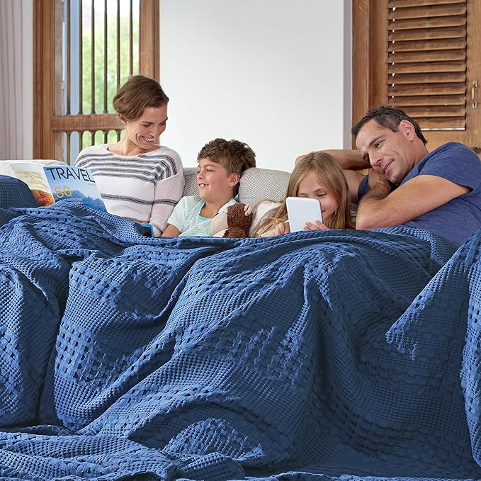 VHC Brands 100% Cotton Waffle Weave Navy Blue Oversized King Size Blanket 120x120, Decorative Cotton Throw Blanket, Boho Farmhouse Bedroom Decor for Bed, Couch, or Sofa
