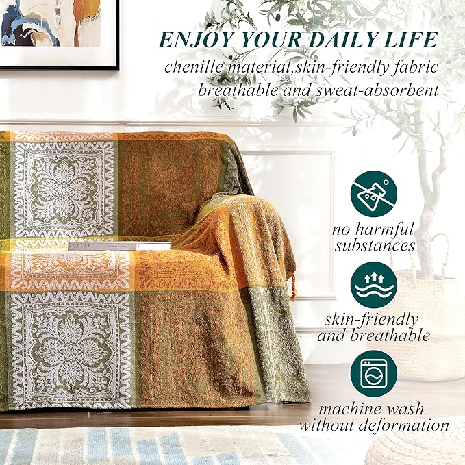 Boho Throw Blanket, Bohemian Tassels Throw Blankets for Bed Couch Soft Chair， Chenille Fringe Tassels (New Green, Large 86 * 102Inches)