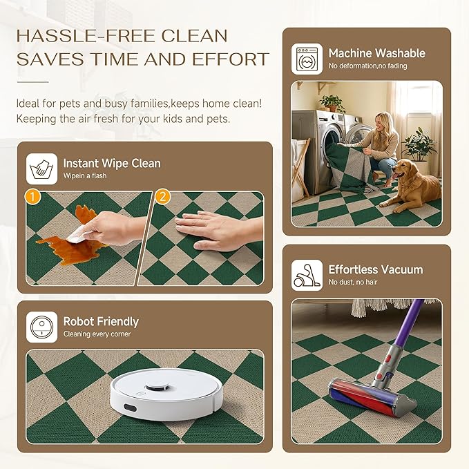 4x6 Checkered Easy Jute Area Rug for Living Room Checkerboard Washable Indoor Outdoor Carpet Farmhouse Patio Office Mat Geometric Non Slip Green Carpet for Dorm Backyard Dining Room