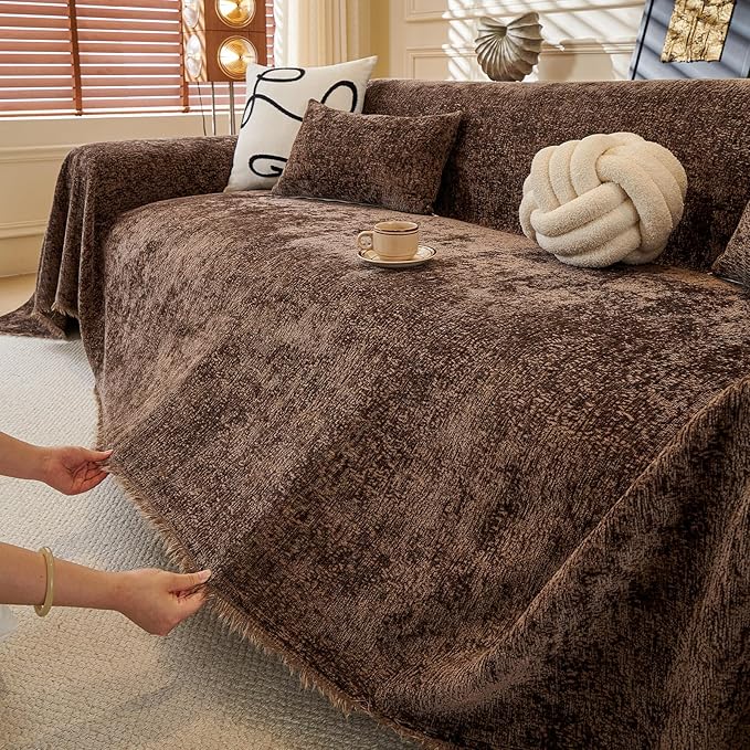 ROOMLIFE Couch Cover with Tassel Brown Chenille Sofa Cover Blanket for Sectional Sofa, Soft Sofa Slipcovers for L Shaped Love Seat 2-3 Cushion Couch Anti Slip Sofa Protector, 71"x118"