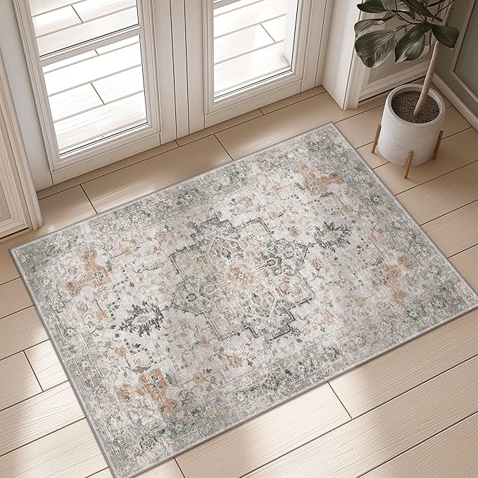 GENIMO Area Rug 32x48 inch Doormat, Machine Washable Low Pile Rugs, Small Retro Chenille Entryway Mat for Entrance, Hallway, Kitchen and Corridor, Light Taupe Brown
