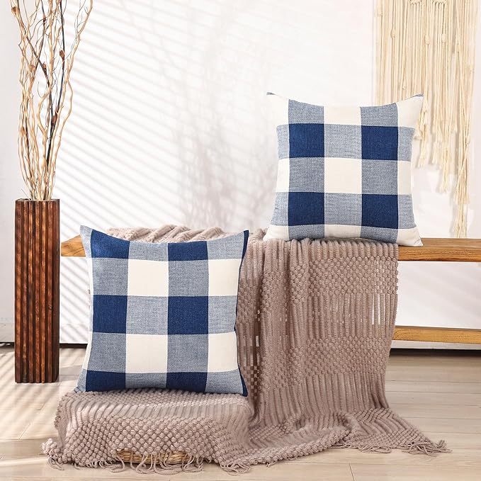 CARRIE HOME Navy Blue and White 20x20 Outdoor Throw Pillow Covers Set of 2 Buffalo Plaid Farmhouse Pillow Covers 20 x 20 Inches, Boho Plaid Decor for Outdoor Patio and Yard