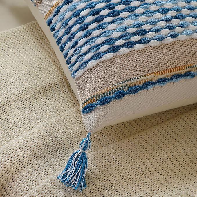 Set of 2 Boho Pillow Covers with Tassels Sky Blue 18x18 Inch Farmhouse Decorative Chenille Tufted Striped Throw Pillow Covers Neutral Accent Square Textured Pillowcase for Couch Bed Livingroom