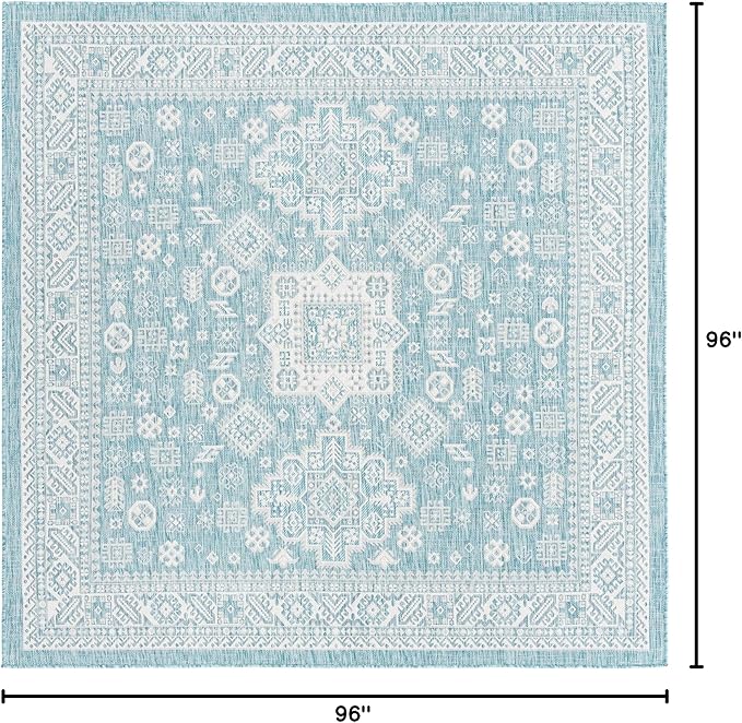 Rugs.com Outdoor Aztec Collection Rug – 8 Ft Square Aqua Flatweave Rug Perfect for Living Rooms, Kitchens, Entryways
