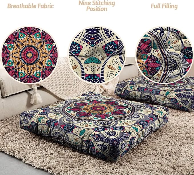 Mandala Meditation Cushion, Boho Meditation Mat, Meditation Pillows For Sitting on Floor, Cushions for Sitting in Home and Outdoor, Square Floor Pillow Cushion Seating for Yoga Accessories 22'' x 22''