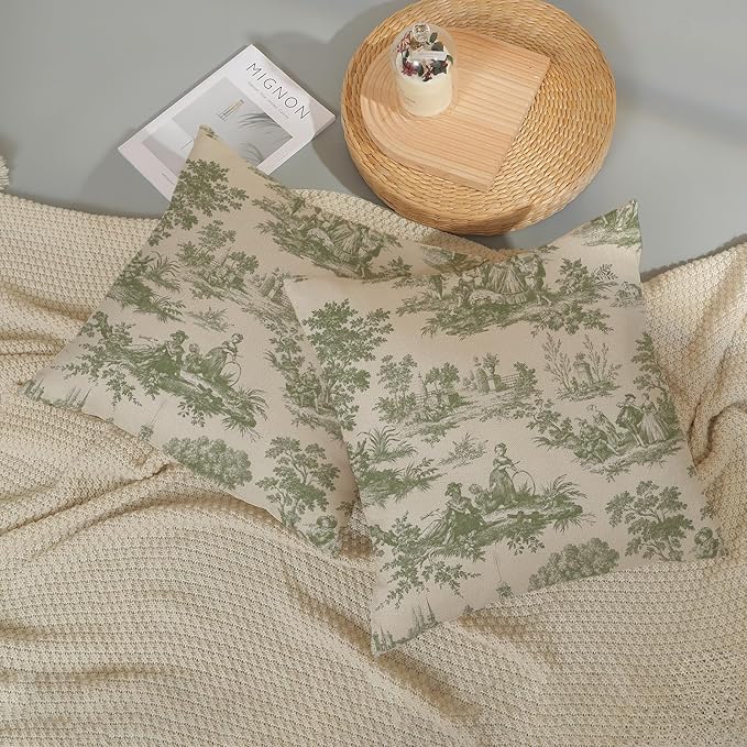 French Country Pillow Covers 18x18 Set of 2 Vintage Sage Green Throw Pillows French Country Outdoor Decorative Pillowcase Retro Rustic Linen Decor Farmhouse Cushion Case for Couch Bed Sofa