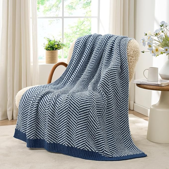 Snuggle Sac Herringbone Throw Blanket for Couch, Reversible Super Soft Warm Blankets Cozy Knit Fuzzy Plush Lightweight Throws for Sofa, Bed, Camping, Navy, 50x60 inches