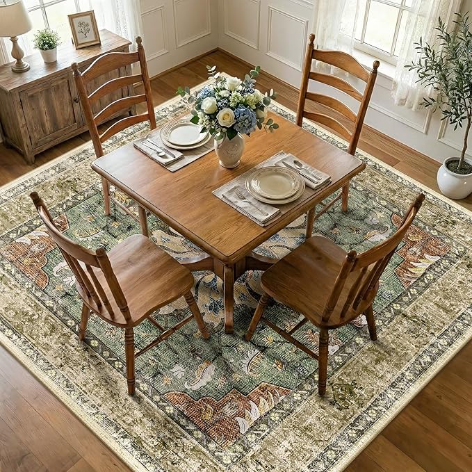 Area Rugs Square 8ft Washable Non-Slip, Floral Vintage Distress Print Pattern Medallion Carpet for Living Room Bedroom Dining Room, Brick Red Rust Neutral Brown Burnt Orange Green
