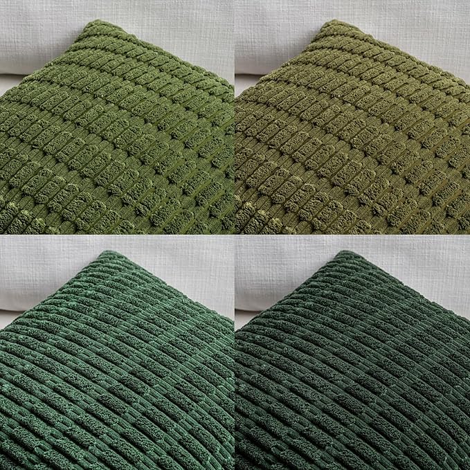 Fancy Homi Set of 4 Green Boho Decorative Throw Pillow Covers 18x18 Inch for Couch Bed Sofa, Aesthetic Modern Bohemian Room Decor, Soft Fuzzy Fluffy Cozy Corduroy Cushion Case 45x45cm