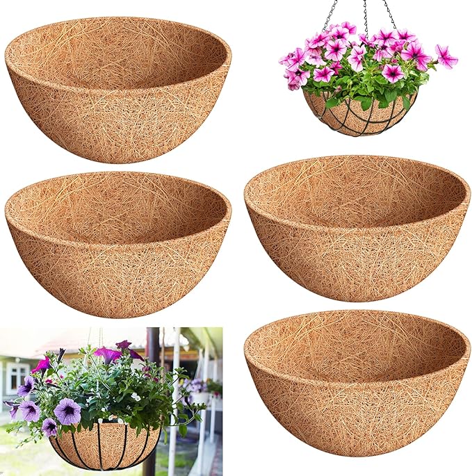 Riare 4 Pack 16 Inch Round Coco Liners Replacement, 100% Natural Coconut Coir Liners for Hanging Baskets, Garden Flower Vegetables Planter Pot, Window Box, Fence, Decks