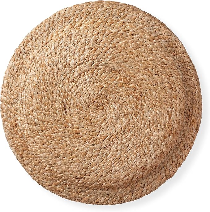 Casafield Hand-Braided Jute Pouf Ottoman Footrest, 14" W x 14" D x 16" H - Round, Natural Boho Home Decor, Woven Accent Footstool for Living Room
