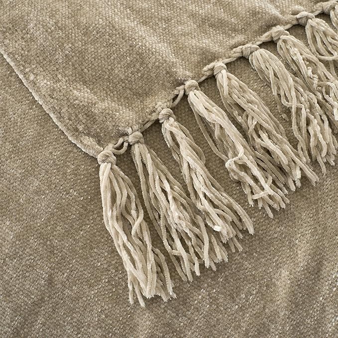 Chenille Throw Blanket for Couch with Tassels,60"X80" Soft Cozy Lightweight Knitted Boho Decorative Blankets for Bed and Sofa,Taupe