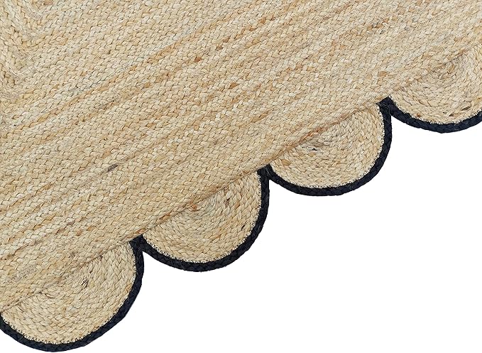 Scalloped Natural Jute Area Rug, Black Trim, 9'x12'