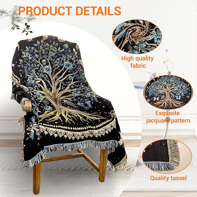 Tree of Life Woven Throw Blanket Mandala Boho Chic Decor Life Tree Reversible Cute Cotton Boho Throw Blanket Witchy Throws Blankets with Tassels Bohemian Room Decor Luxury Christmas Throws 51”x59”