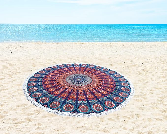 Round Beach Tapestry Turquoise Mandala Throw/Boho Hippie Beach Blanket Roundie/Indian Cotton Bohemian Large Round Table Cloth-Home Decor/Yoga Mat Meditation Picnic Rug (70", Orange And Blue)