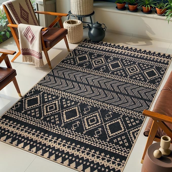 Lahome Easy Jute Boho Area Rugs for Entryway, Washable Rugs 3x5 for Kitchen, Small Non-Slip Indoor Outdoor Carpet, Western Geometric Print Front Door Carpet for Patio Balcony