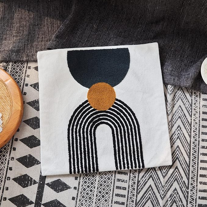 Boho Stylish Accent Throw Pillow Covers 18x18 Tribe Modern Round Arched Geometric Decorative Abstract Pillowcase for Bed Couch Living Room,1 PC,Tan and Black