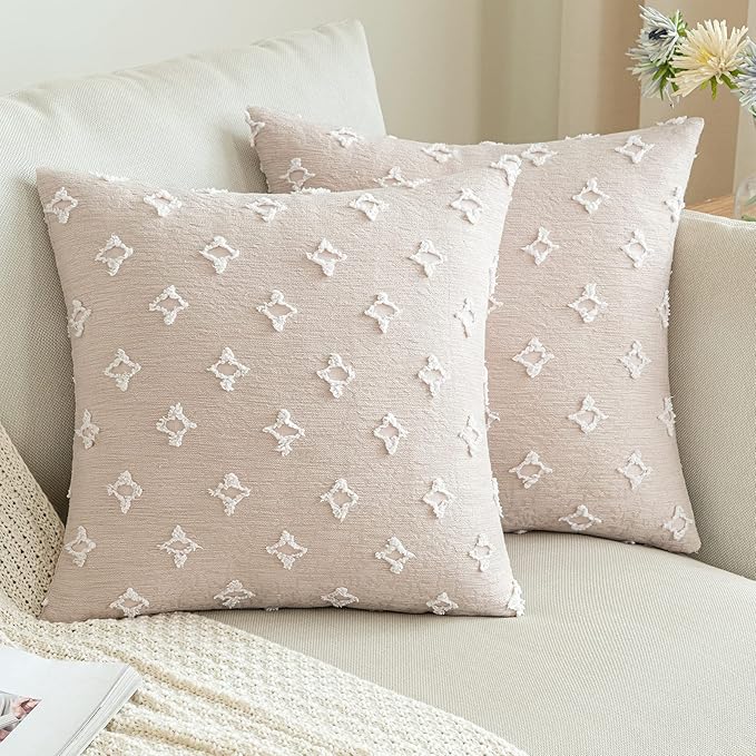 ANRODUO Pack of 2 Beige Floral Boho Decorative Throw Pillow Covers with Tufted Rhombic Jacquard for Room Decor Boho Pillow Covers Decorations 18x18 Soft Pillowcase for Couch Sofa Bed and Living Room
