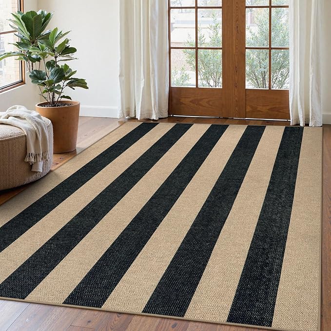 Lahome Elance Striped Easy Jute Outdoor Rug 5x7, Large Neutral Dining Living Room Rug, Farmhouse Non Slip Non Shedding Washable Indoor Outdoor Black Carpet for Office Deck Patio Backyard Bedroom