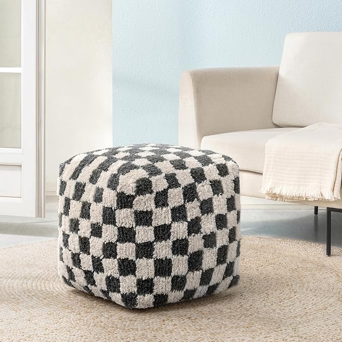 Anji Mountain Pouf Ottoman Foot Rest, Handmade Ottoman Pouf, Comfortable Foot Stool, Decorative Floor Seating for Living Room Decor, Bedroom & Home Décor Accent - Black