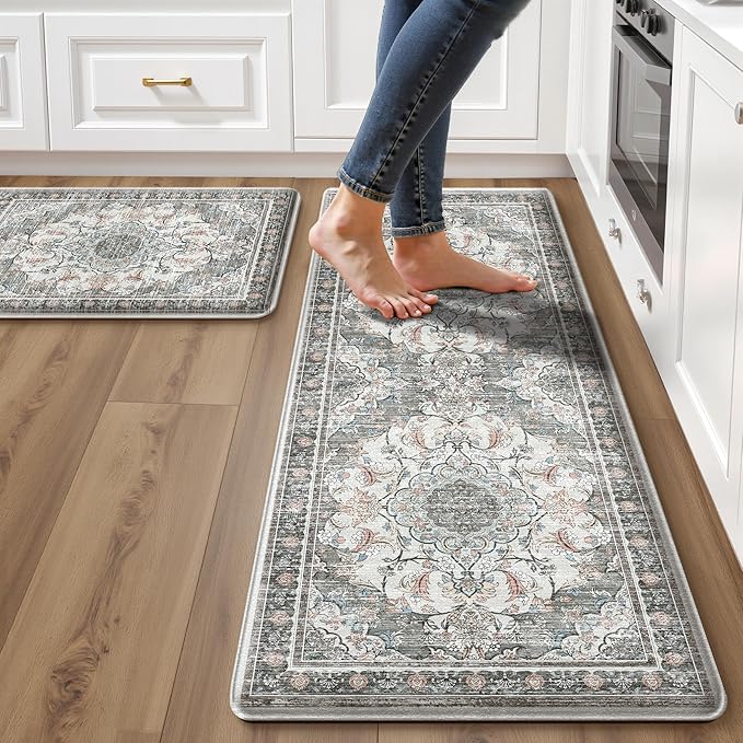 Boho Kitchen Mats for Floor 2 Piece Set Anti Fatigue Cushioned PVC Kitchen Rugs Non Slip Waterproof Farmhouse Mats 2/5 Inch Comfort Standing Mat for Sink, Laundry, 17.3"x59"+17.3"x28", Beige Grey