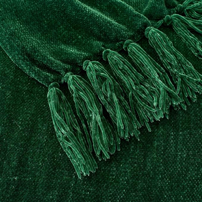 Chenille Throw Blanket for Couch with Tassels,50"X60" Soft Cozy Lightweight Knitted Boho Decorative Blankets for Bed and Sofa,Dark Green