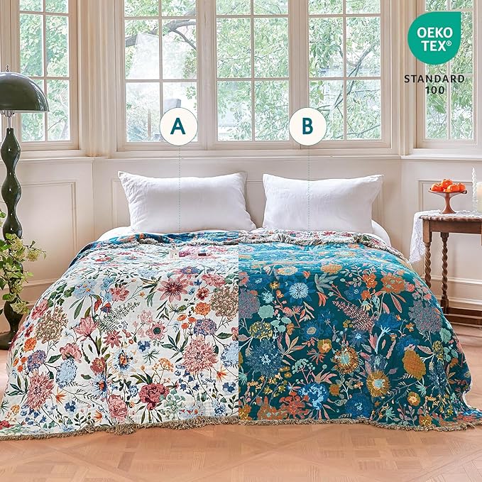 Boho Throw Blanket - 100% Cotton Ultra Soft Muslin Blanket, 60"x80" Lightweight Floral Framhouse Bedding Spring Blanket for Bed, All Season Blue Bohemian Bedroom Home Decor Quilt