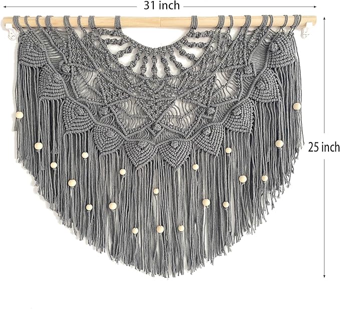 Youngeast Large Macrame Wall Hanging Boho Beaded Curtain for Window Macrame Bedroom Headboard Living Room Wall Art Tassel Tapestry Bohemian Woven Wall Decor 31" W X 25" H (Grey)