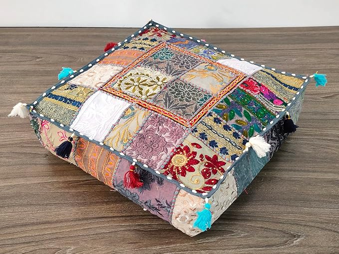 Mam Treasures Indian Bohemian Decorative Pillow Vintage Cushion Cover Patchwork Square Floor Pillow Cover Meditation Cushion Large Floor Pillow Indian Cushion (Gray, 16 X 16 X 5 Inch)