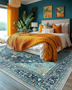 Area Rugs 10'x12' Washable Non-Slip, Floral Vintage Distress Print Pattern Medallion Carpet for Living Room Bedroom Dining Room, Teal Green Lake Blue Turquoise