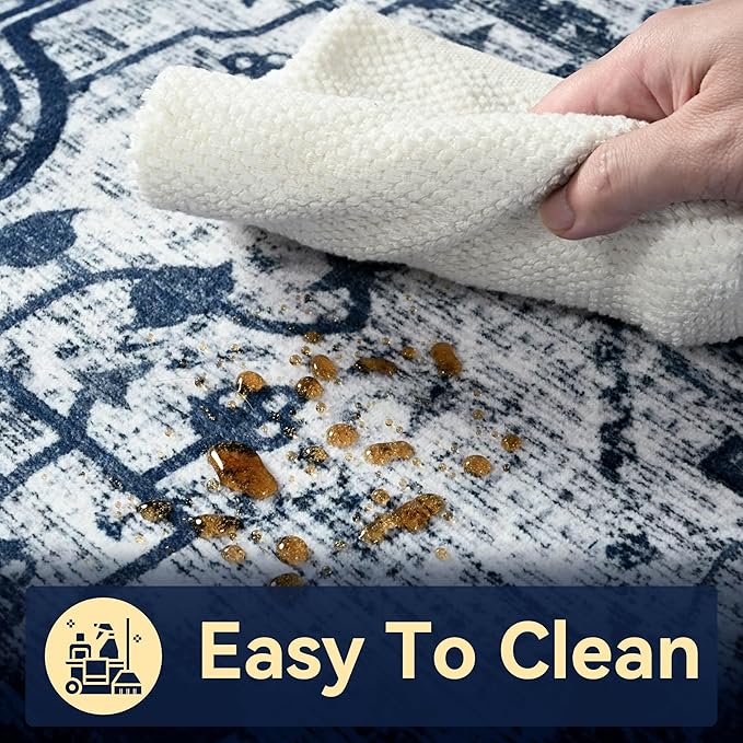 YJ.GWL Area Rugs for Living Room 4x6 Machine Washable Rugs for Bedroom, Non Slip Floral Vintage Rug Indoor Carpet, Stain Resistant Throw Rug for Dining Room Kitchen, Navy Blue