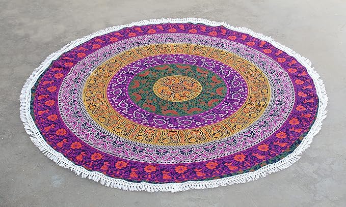 Round Beach Tapestry Turquoise Mandala Throw/Boho Hippie Beach Blanket Roundie/Indian Cotton Bohemian Large Round Table Cloth-Home Decor/Yoga Mat Meditation Picnic Rug (42", 6 Color)