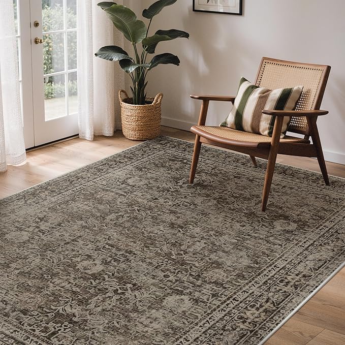 GENIMO 9x12 Area Rug Machine Washable Boho Rug for Living Room,Ultra-Thin Low Pile Carpet,Lightweight Indoor Printed Rug,Non Slip Floral Area Rug for Bedroom, Dining Room, Home Office,Brownish Green