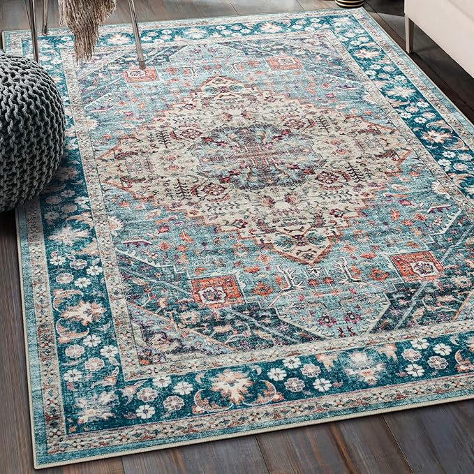Amearea Vintage Design Blue Area Rugs for Living Room, 4x6 Machine Washable Floral Collection Traditional Bedroom Rug, Low Pile Dinning Room Carpet, No Slip Office Kitchen Home Decor, Light Blue