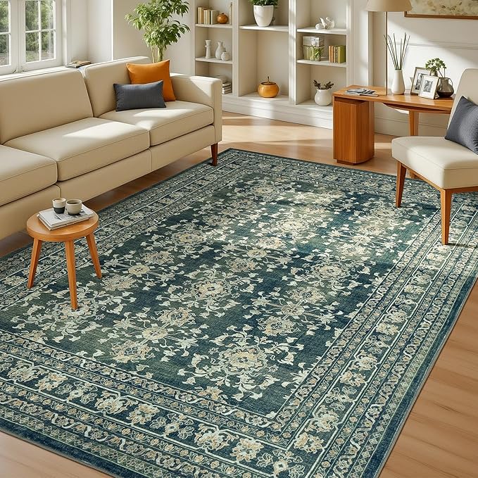 Lessymo 6x9 Area Rugs for Living Room, Machine Washable Non Slip Rug, Soft Low Pile Carpet for Bedroom Dining Home Office, Vintage Dark Green Distressed Floral Floor Mat