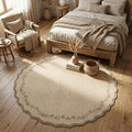 GarveeHome Round Area Rugs 5ft for Bedroom, Solid Jute Washable Circle Rug Soft Non Slip Floral Print Floor Mat Tan Carpet Indoor Thin Rug for Kids Room Dining Room Playroom Nursery