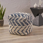 GDFStudio Boho Wool and Cotton LargePouf Ottoman Foot Stool - Bean Bag Floor Chair - Foot Rest Couch for Living Room Bedroom, White and Blue