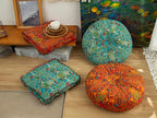 Moroccan Printed Square Chair Pads Cotton Linen Soft Comfort Chair Cushion Colorful Pompom Seat Cushions for Indoor Dining Room and Kitchen Chairs (Blue,16x16 Inch)