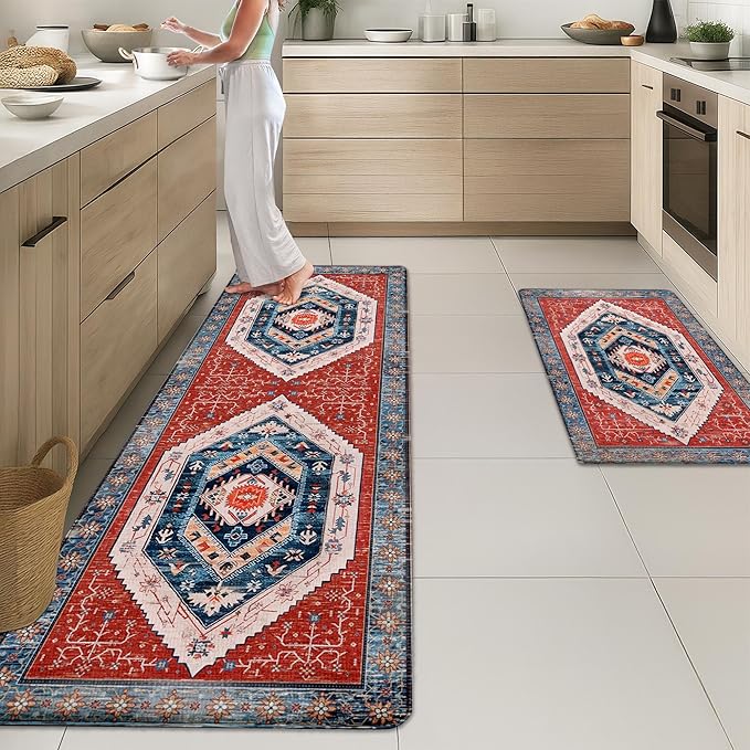 Arttown Kitchen Mats for Floor 2Pcs-Anti Fatigue Non Slip Mats for Kitchen Floor, Cushioned Waterproof & Stain-Resistant Boho Stripe Mat Set