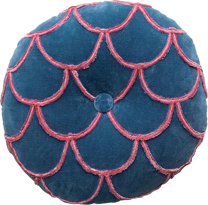 18 Inches Round Cotton Pillow with Tufted Scallop Pattern, Navy Blue and Pink
