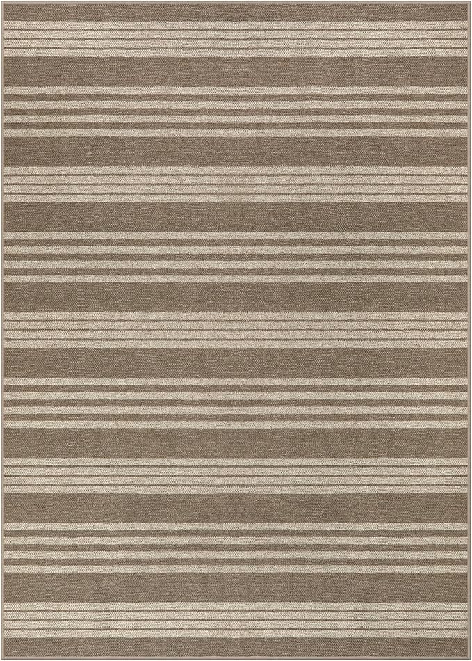 Lahome Elance Striped Non Shed Easy Jute Rug, 5x7 Large Living Dining Room Rug Washable Outdoor Patio Rug, Farmhouse Neutral Non Slip Stain Resistance Indoor Outdoor Carpet for Sunroom Bedroom, Khaki