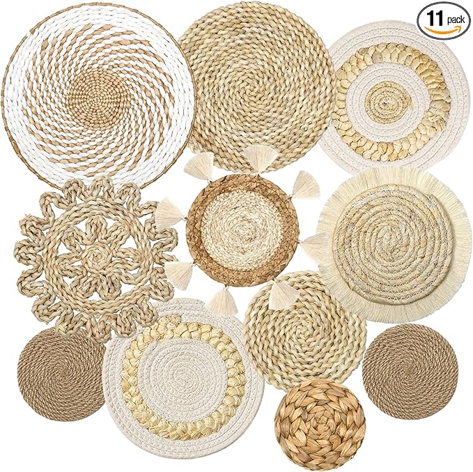 LOMOHOO Set of 11 Boho Wall Basket Decor Wicker Woven Wall Basket Decorations Bohemian Handcrafted Round Basket Hanging decor Bulrush Wall Art Decors for Living Room Rustic Home