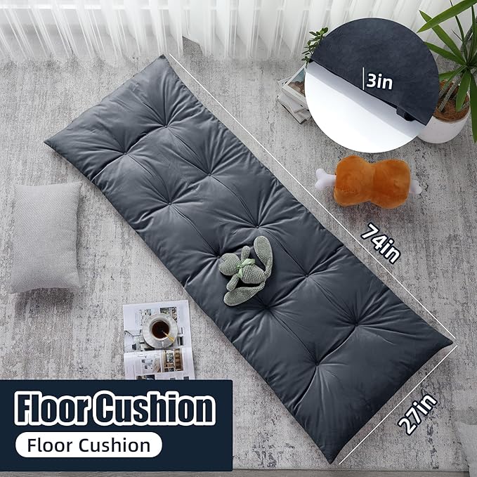 HOMBYS Floor Lounger Pillow Foldable and Tufted Design Long Floor Cushion for Yoga, Reading, Sleeping, Meditation, Elastic Band for Roll Up and Easy Storage, Machine Washable, Dark Grey, 74"x27"